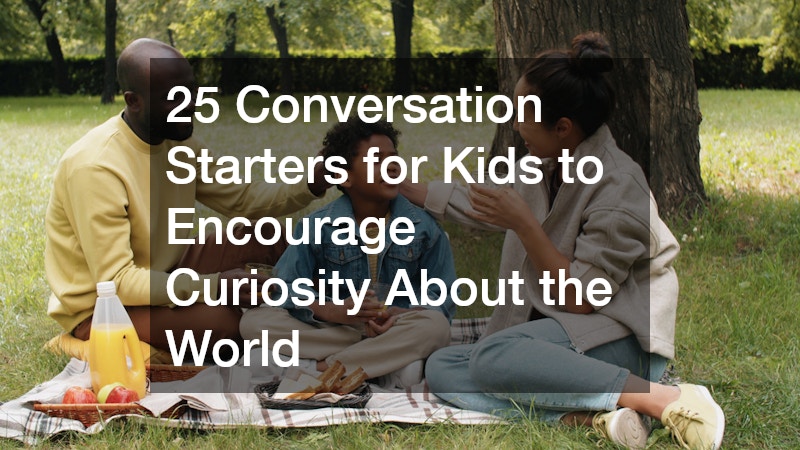 mother, father, and their young son sitting on a picnic blanket, smiling and talking